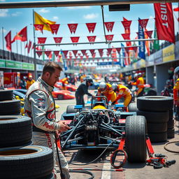 A lively scene featuring a vibrant pitstop during a thrilling motorsport event