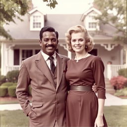 A black man with a mustache, dressed in 1950s attire, happily standing next to his white wife, who is wearing a stylish 1950s dress