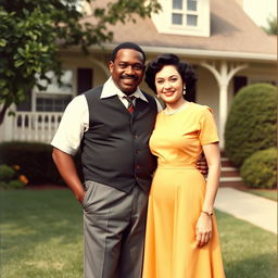 A black man with a mustache, dressed in 1950s attire, happily standing next to his white wife, who is wearing a stylish 1950s dress