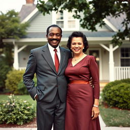 A black man with a mustache, dressed in 1950s attire, happily standing next to his white wife, who is wearing a stylish 1950s dress