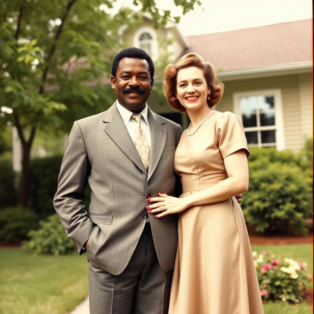 A black man with a mustache, dressed in 1950s attire, happily standing next to his white wife, who is wearing a stylish 1950s dress