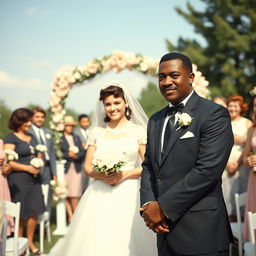 A black man with a mustache dressed in a classic 1950s wedding suit, standing at the altar with his white bride in an elegant 1950s wedding gown