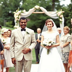 A black man with a mustache dressed in a classic 1950s wedding suit, standing at the altar with his white bride in an elegant 1950s wedding gown