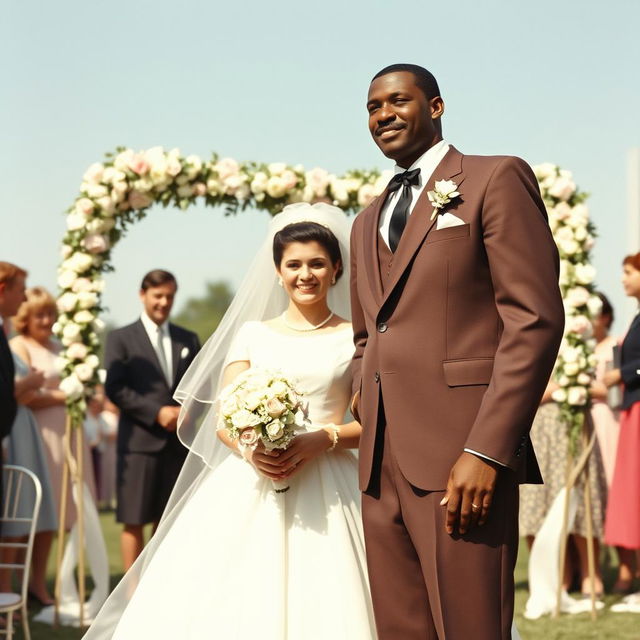 A black man with a mustache dressed in a classic 1950s wedding suit, standing at the altar with his white bride in an elegant 1950s wedding gown