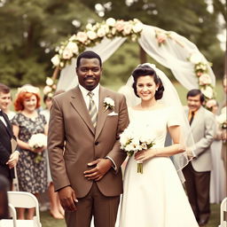 A black man with a mustache dressed in a classic 1950s wedding suit, standing at the altar with his white bride in an elegant 1950s wedding gown