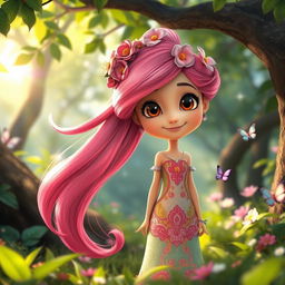 A captivating animated girl standing in a lush, vibrant forest