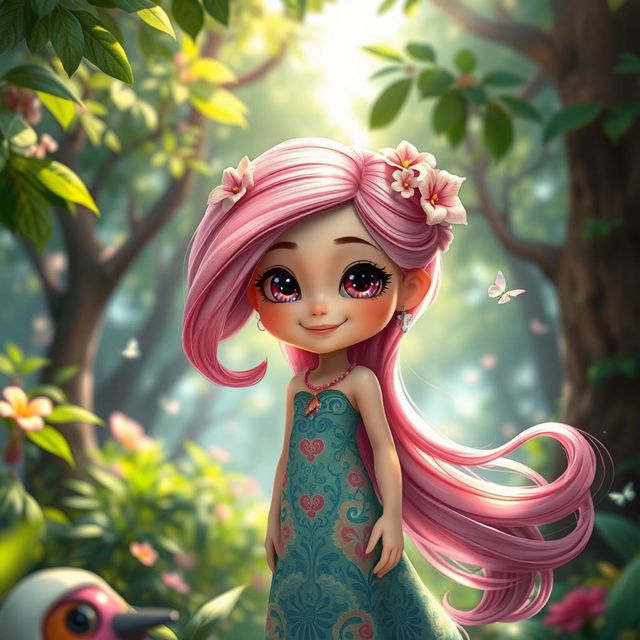 A captivating animated girl standing in a lush, vibrant forest