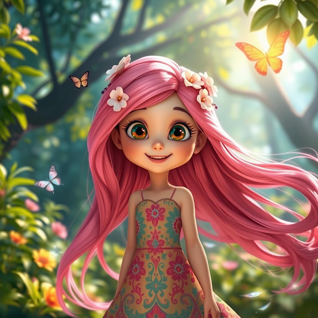 A captivating animated girl standing in a lush, vibrant forest