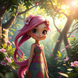A captivating animated girl standing in a lush, vibrant forest