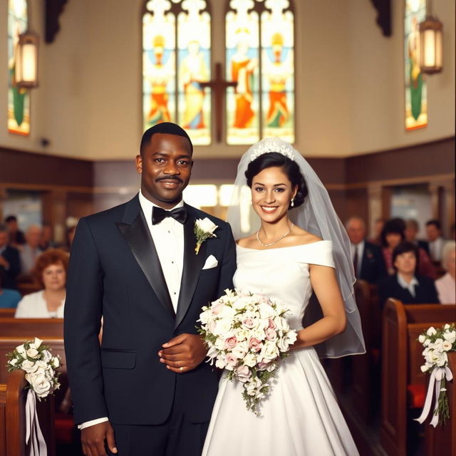 A black man with a mustache in a classic 1950s wedding suit and a beautiful white bride in an elegant white gown, standing together inside a beautifully decorated church for their wedding in 1959