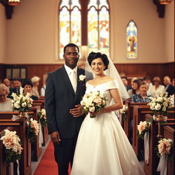 A black man with a mustache in a classic 1950s wedding suit and a beautiful white bride in an elegant white gown, standing together inside a beautifully decorated church for their wedding in 1959