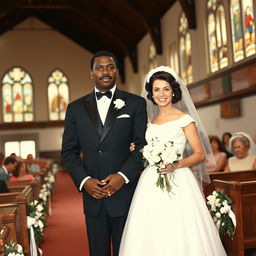 A black man with a mustache in a classic 1950s wedding suit and a beautiful white bride in an elegant white gown, standing together inside a beautifully decorated church for their wedding in 1959