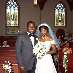 A black man with a mustache in a classic 1950s wedding suit and a beautiful white bride in an elegant white gown, standing together inside a beautifully decorated church for their wedding in 1959