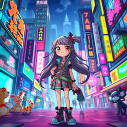 A vibrant and dynamic animated scene featuring a stylish girl with long, flowing hair and bright, expressive eyes