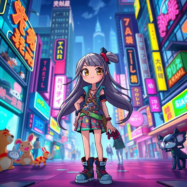 A vibrant and dynamic animated scene featuring a stylish girl with long, flowing hair and bright, expressive eyes