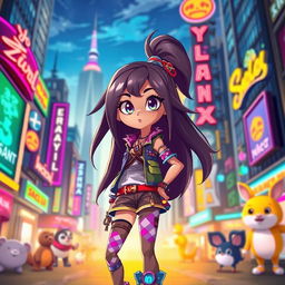 A vibrant and dynamic animated scene featuring a stylish girl with long, flowing hair and bright, expressive eyes