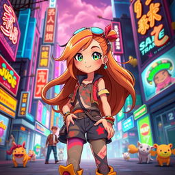 A vibrant and dynamic animated scene featuring a stylish girl with long, flowing hair and bright, expressive eyes