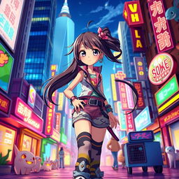 A vibrant and dynamic animated scene featuring a stylish girl with long, flowing hair and bright, expressive eyes