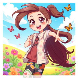 A vibrant and dynamic illustration of an animated girl, showcasing her with flowing hair, bright expressive eyes, and a cheerful smile