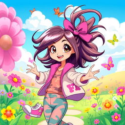A vibrant and dynamic illustration of an animated girl, showcasing her with flowing hair, bright expressive eyes, and a cheerful smile