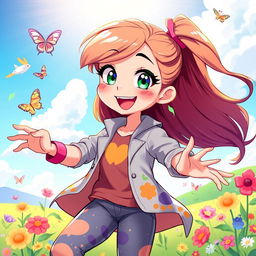 A vibrant and dynamic illustration of an animated girl, showcasing her with flowing hair, bright expressive eyes, and a cheerful smile