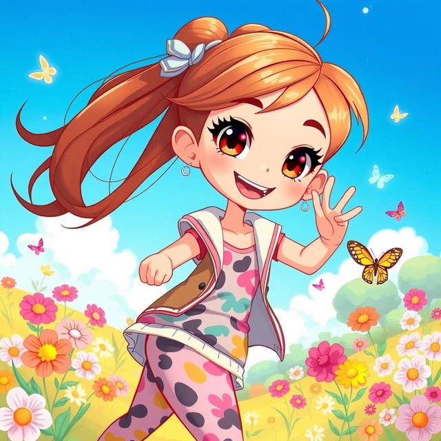 A vibrant and dynamic illustration of an animated girl, showcasing her with flowing hair, bright expressive eyes, and a cheerful smile