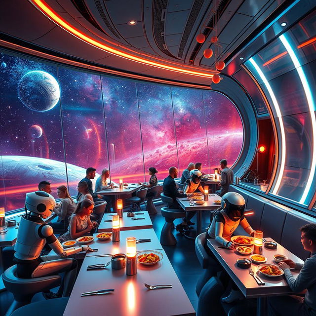 A futuristic space restaurant with a stunning view of a distant galaxy through large panoramic windows