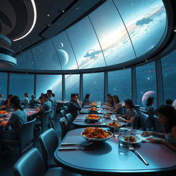 A futuristic space restaurant with a stunning view of a distant galaxy through large panoramic windows
