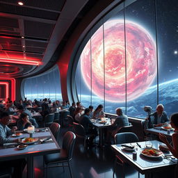 A futuristic space restaurant with a stunning view of a distant galaxy through large panoramic windows