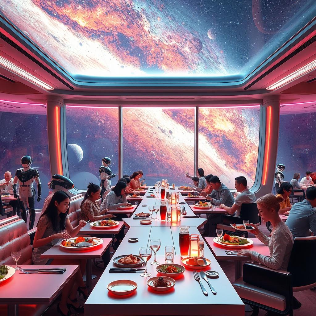 A futuristic space restaurant with a stunning view of a distant galaxy through large panoramic windows