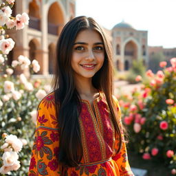 A beautiful Iranian girl with long dark hair and expressive brown eyes, wearing a vibrant traditional Persian dress adorned with intricate patterns