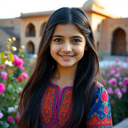 A beautiful Iranian girl with long dark hair and expressive brown eyes, wearing a vibrant traditional Persian dress adorned with intricate patterns