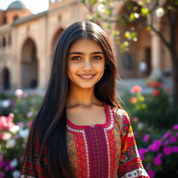 A beautiful Iranian girl with long dark hair and expressive brown eyes, wearing a vibrant traditional Persian dress adorned with intricate patterns