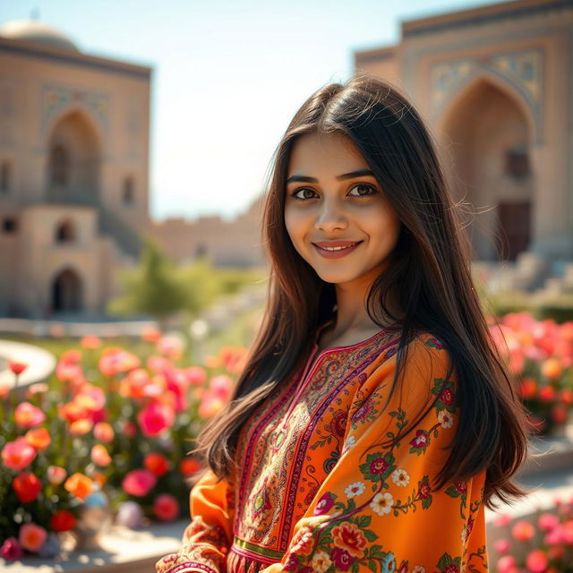 A beautiful Iranian girl with long dark hair and expressive brown eyes, wearing a vibrant traditional Persian dress adorned with intricate patterns