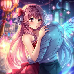 A fantasy-themed illustration depicting an intimate moment with an anime girl, characterized by vibrant colors and an imaginative setting