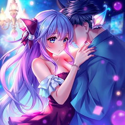 A fantasy-themed illustration depicting an intimate moment with an anime girl, characterized by vibrant colors and an imaginative setting