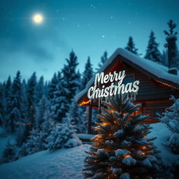 A stunning winter landscape featuring a cozy cabin nestled among snow-covered trees, adorned with twinkling fairy lights