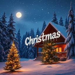 A stunning winter landscape featuring a cozy cabin nestled among snow-covered trees, adorned with twinkling fairy lights