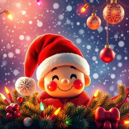 A vibrant and festive Christmas scene featuring a central character adorned with a classic red Santa hat