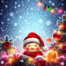A vibrant and festive Christmas scene featuring a central character adorned with a classic red Santa hat