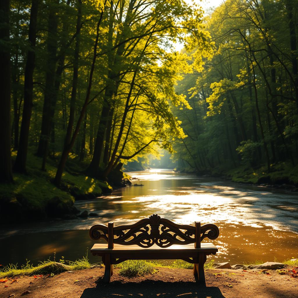 A beautifully lit forest scene with towering green trees and dappled sunlight filtering through the leaves