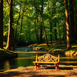 A beautifully lit forest scene with towering green trees and dappled sunlight filtering through the leaves