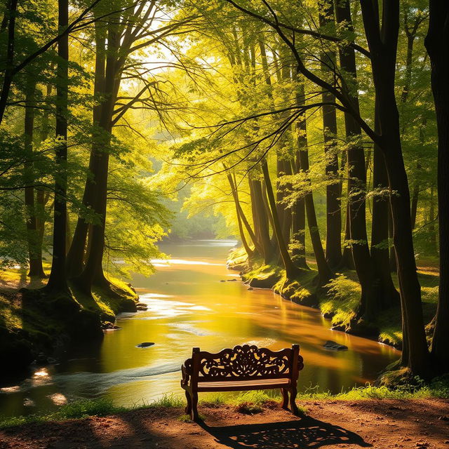 A beautifully lit forest scene with towering green trees and dappled sunlight filtering through the leaves