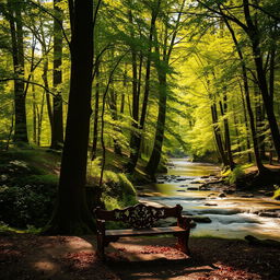 A beautifully lit forest scene with towering green trees and dappled sunlight filtering through the leaves