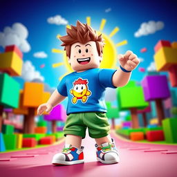 A vibrant and dynamic scene featuring a Roblox character designed as a boy, sporting a vivid blue t-shirt with a playful cartoon character, baggy green shorts, and colorful sneakers