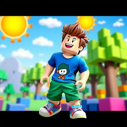A vibrant and dynamic scene featuring a Roblox character designed as a boy, sporting a vivid blue t-shirt with a playful cartoon character, baggy green shorts, and colorful sneakers