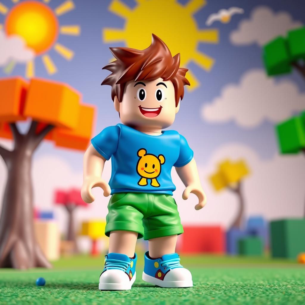 A vibrant and dynamic scene featuring a Roblox character designed as a boy, sporting a vivid blue t-shirt with a playful cartoon character, baggy green shorts, and colorful sneakers