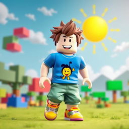 A vibrant and dynamic scene featuring a Roblox character designed as a boy, sporting a vivid blue t-shirt with a playful cartoon character, baggy green shorts, and colorful sneakers