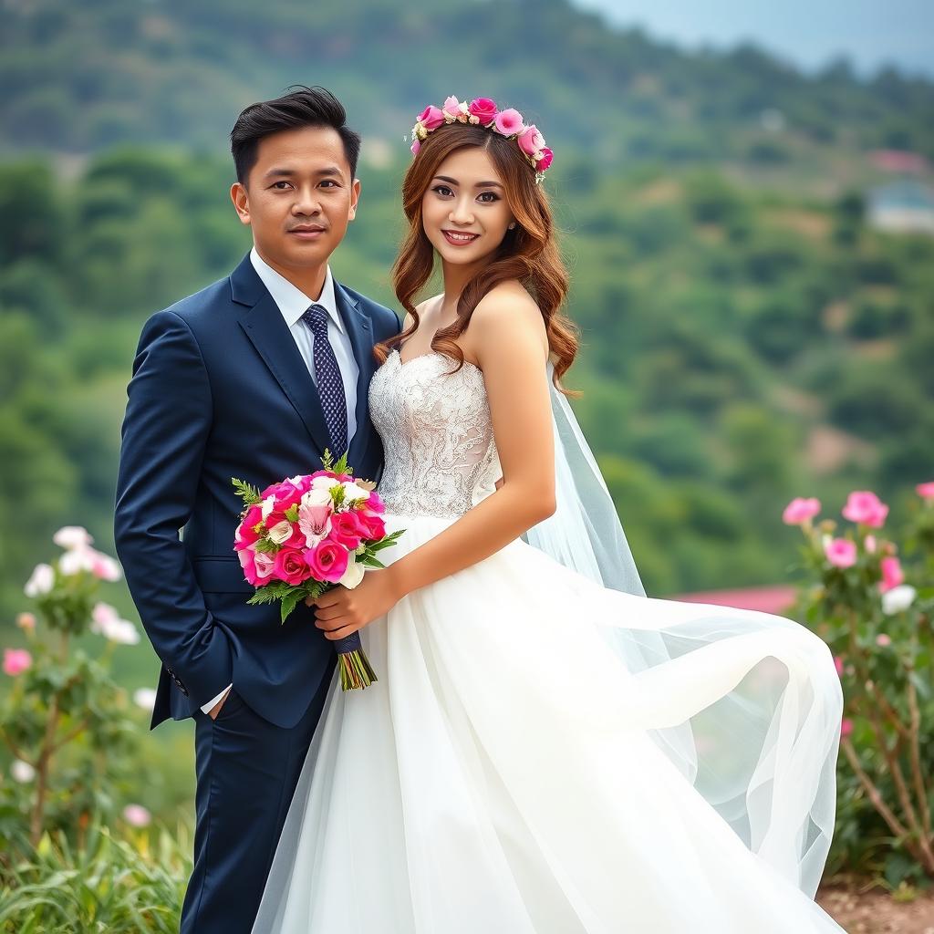 A captivating pre-wedding photo shoot featuring a stunning couple in a scenic outdoor setting