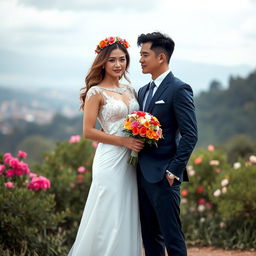 A captivating pre-wedding photo shoot featuring a stunning couple in a scenic outdoor setting